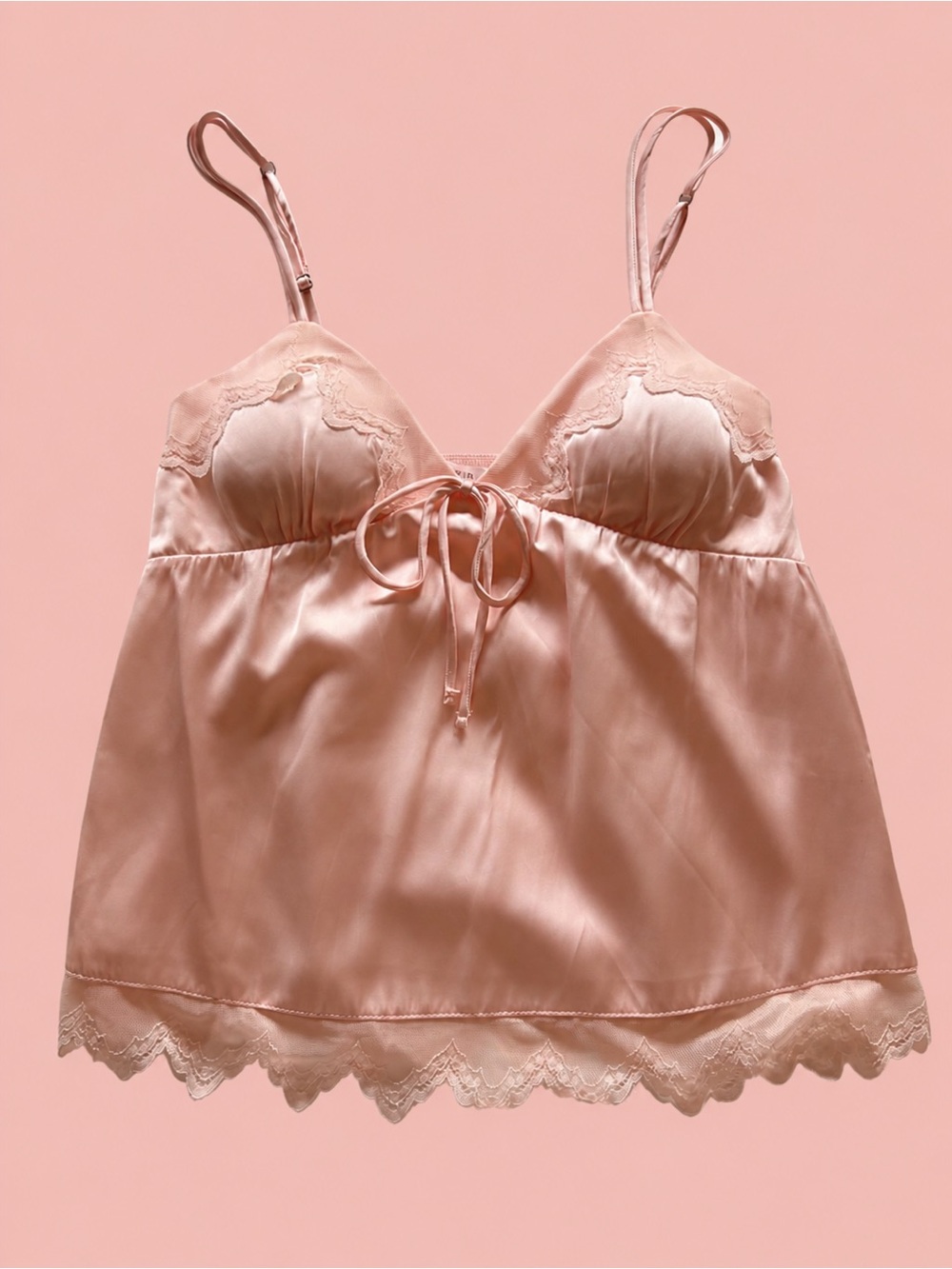Satin Lace-Trim Tank Top in Blush Pink
